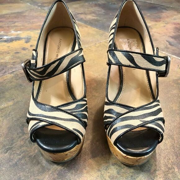 Antonio Melani Zebra Wedges Heels Tan and Black Size 7 M - Picture 2 of 9